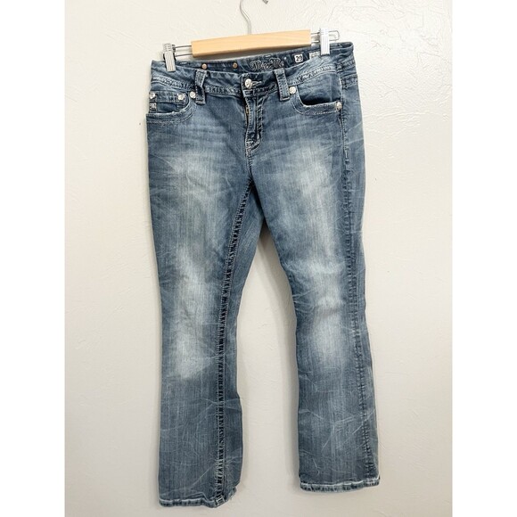 Miss Me Mid Rise Easy Boot Sz 29 Jeans 29x31 Medium Cross Bling Thick Stitch - Picture 2 of 9